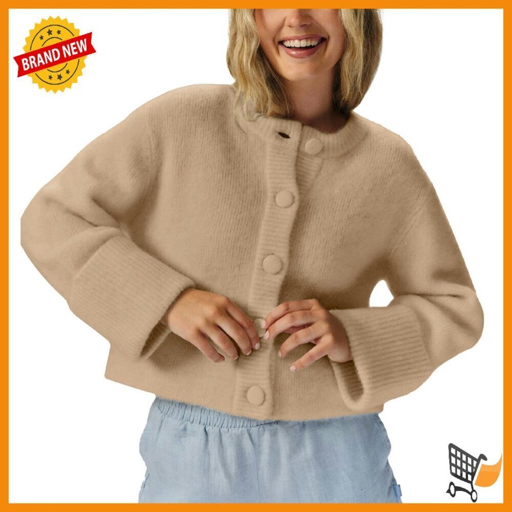 Lightweight Cropped Cardigan Button Sweater Chunky Knit High-Folded Sleeve